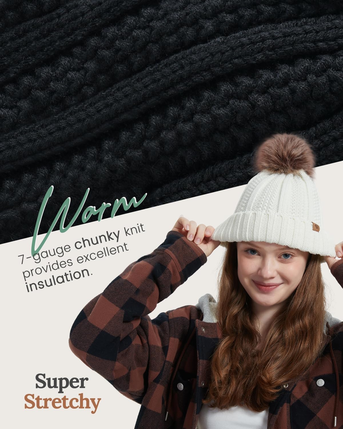 Satin Lined Beanie Hats, Pom Pom Beanie for Women Girls, Warm Winter Hat Knit Ski Hats with Faux Fur Pompom image 5