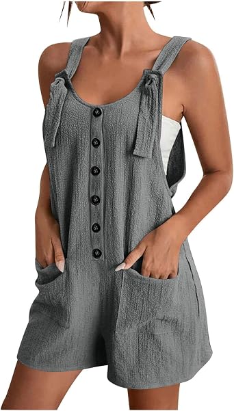Summer Rompers for Women 2025 Tie Knot Strap Short Romper Jumpsuit Casual Loose Overalls with Pockets