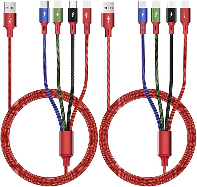 Minlu 2Pcs 1.8M Multi USB Charging Cable 3.5A, 4-in-1 Fast Charger Cord with Dual IP/Type-C/Micro-USB Port Adapter Compatible with Phone/Tablets/Samsung Galaxy/Google Pixel/Sony/LG/Huawei and More