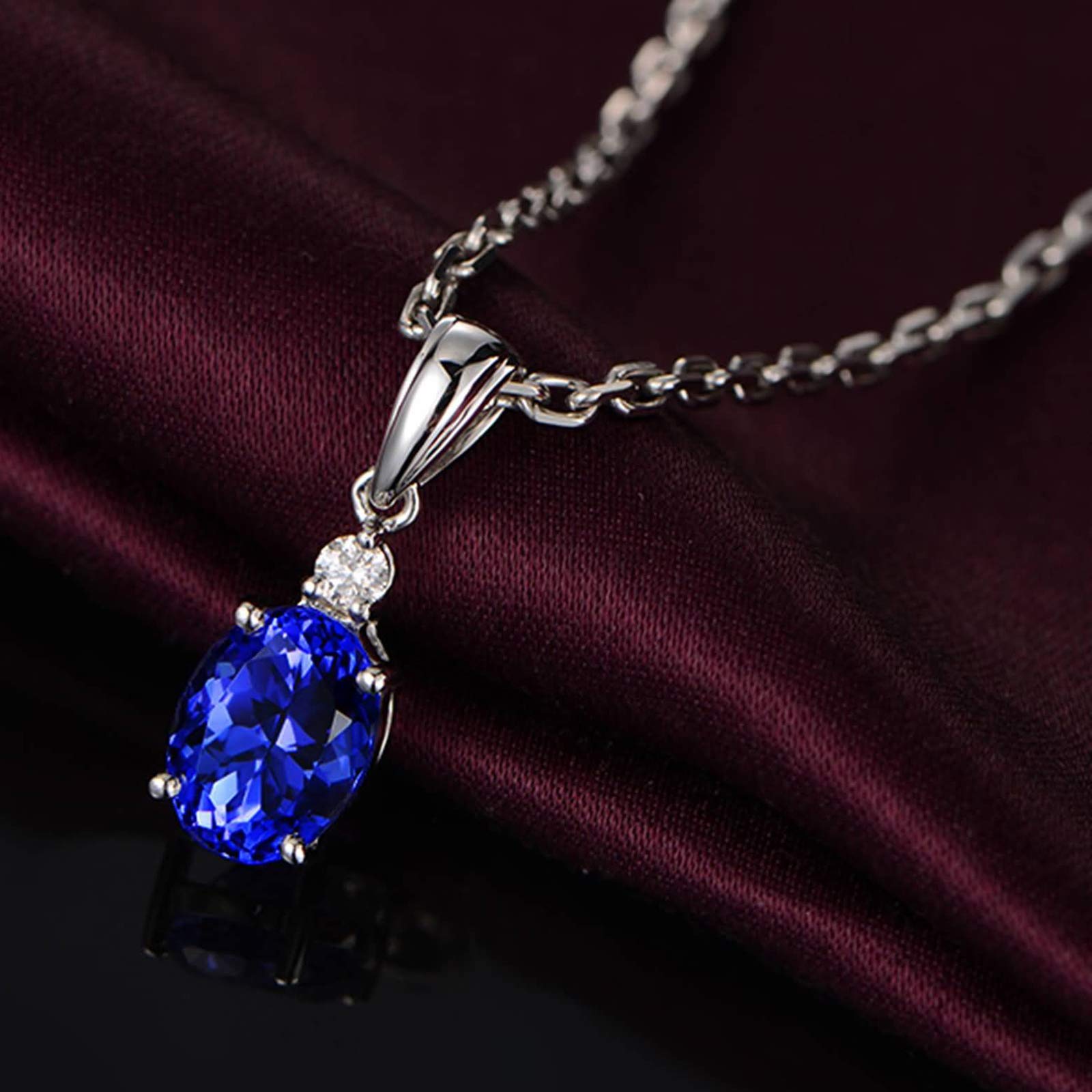 Halskette aus Weißgold für Damen, 18-karätiges echtes Gold, Vier Zinken, oval, Blauer Tansanit, 1,2 Karat, mit weißem Diamant, 0,06 Karat, Halskette, Goldkette, 45,7 cm