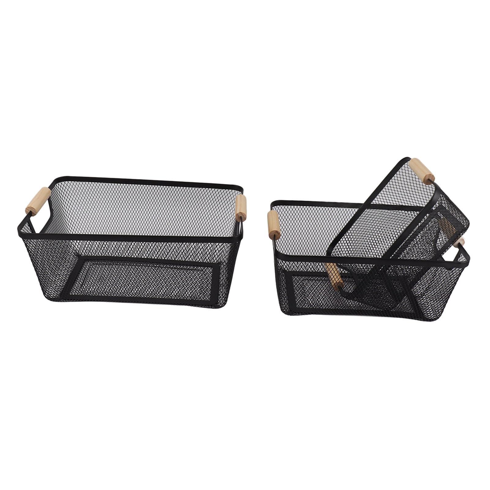 Cesta de almacenamiento con mango de hierro, contenedores organizadores para el hogar, cesta de malla de alambre con asas de madera, para cocina, baño, oficina, (Negra)