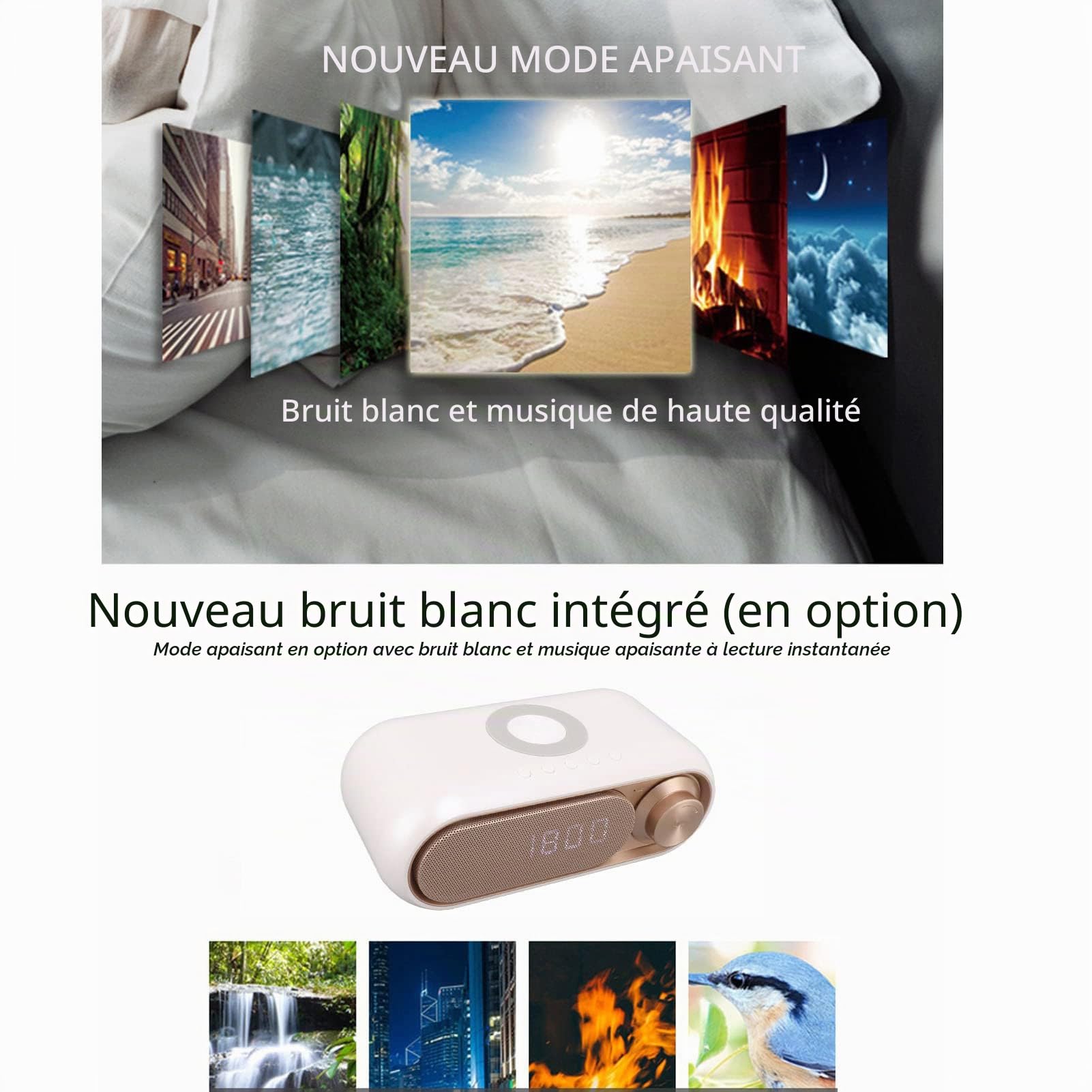 Réveil Numérique, Radio-réveil avec sans Fil, Haut-parleur Bluetooth LED, Simple et Moderne, Radio FM, Haut-parleur avec Chargeur sans Fil pour Chambre à Coucher, Chevet
