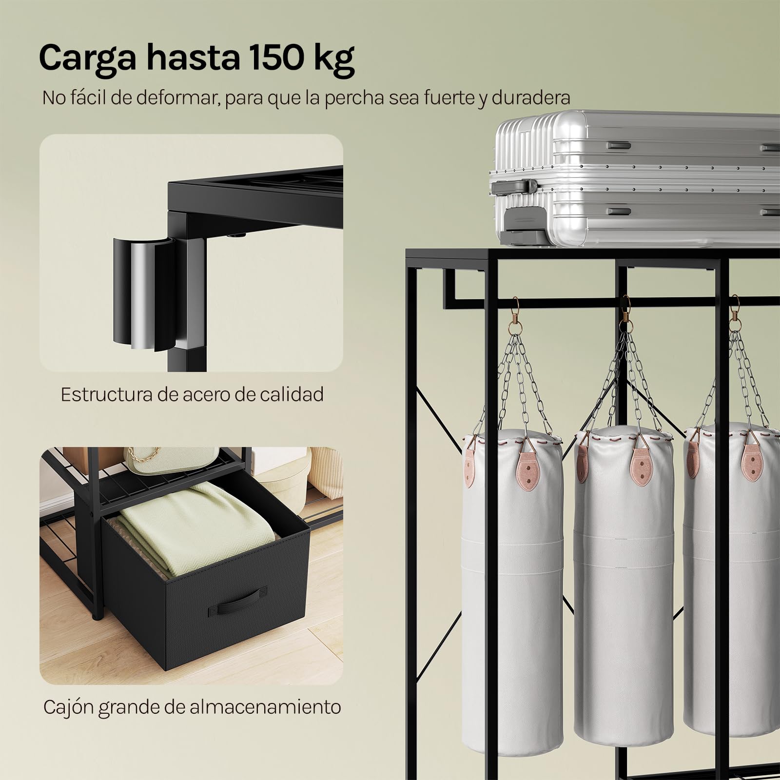 WOLTU Burro Ropa con Estructura de Metal, Armario Abierto con 2 Barras, 3 Estantes y 1 Cajón de Tela, Resistente, Carga de 150 kg, 100x40x192 cm, para Dormitorio y Vestidor, Negro