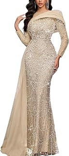 Women Sequin Beaded Mermaid Formal Evening Gown Long Sleeve Prom Dress Bodycon Wedding Guest Party Cocktail Maxi Dress