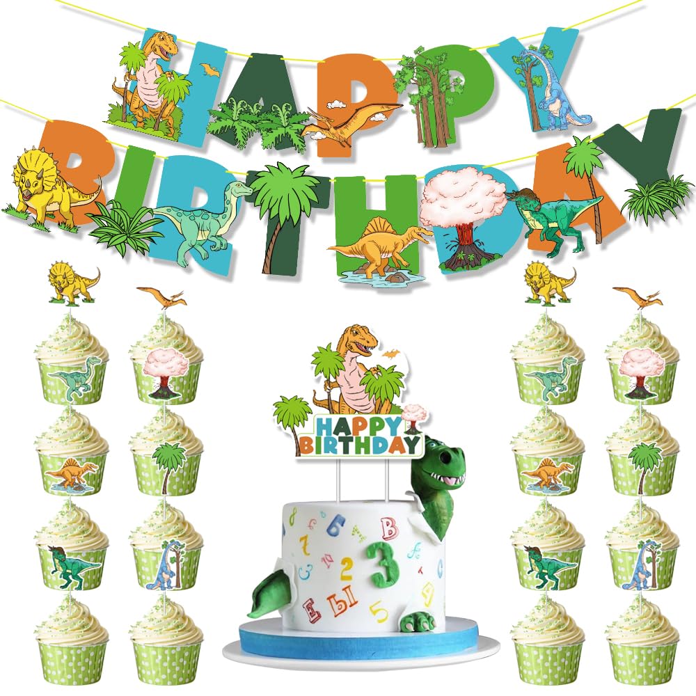 Dinosaur Party Decorations Set, Jurassic Dino Theme Party Supplies Include Dinosaur Happy Birthday Banner Cake Cupcake Toppers for Kids Boys Girls Birthday Parties Supplies