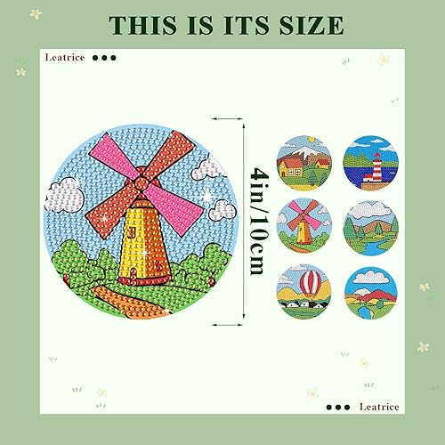 Miniatura 3 de Leatrice Juego de 6 posavasos de diamantes pequeños para adultos, con puntos de diamante, redondos, de taladro completo, con soporte, manualidades