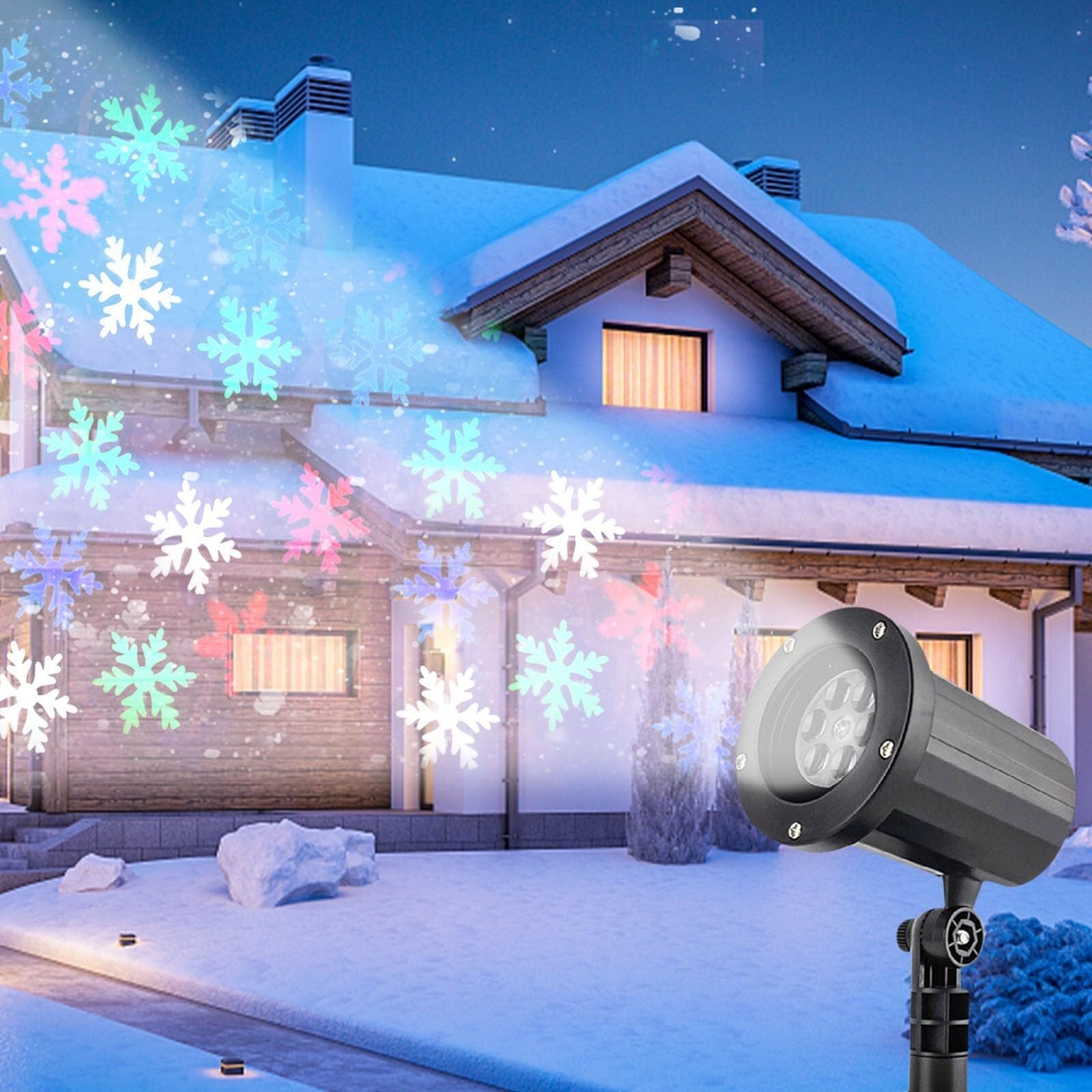Proiettore di luci natalizie per esterni, proiettore a LED con fiocco di neve, decorazioni per le vacanze, IP65, resistente alle intemperie, proiettore da neve regolabile a 180° per faretti, Capodanno