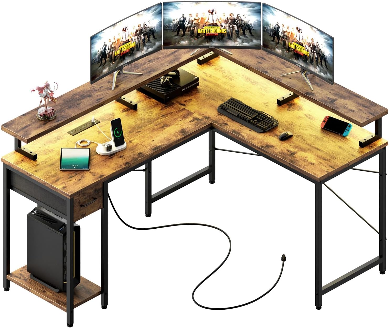 Amazon.com: L Shaped Computer Desk with LED Lights & Power Outlets ...