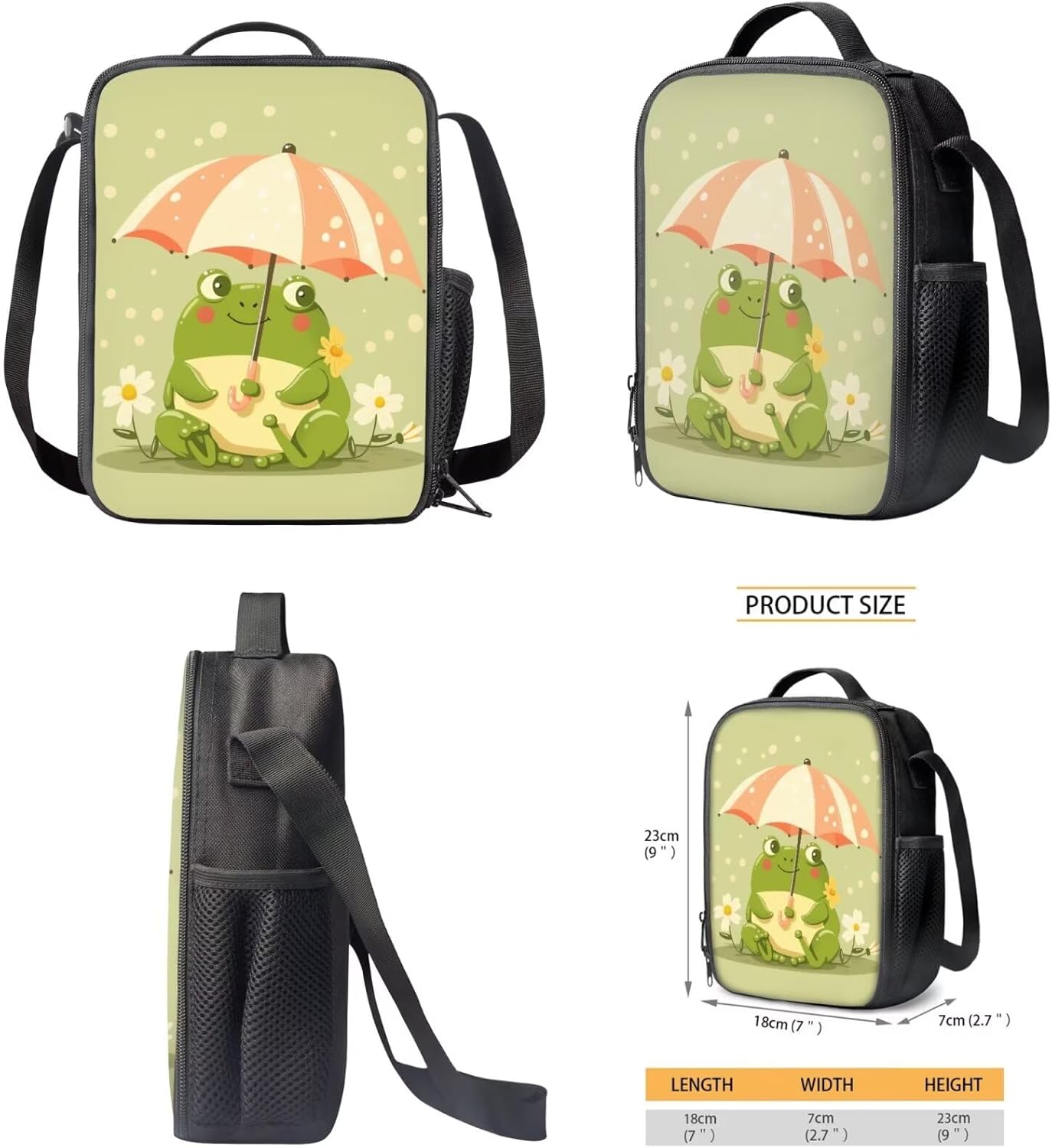 Frog Backpack for Girls Kids Umbrella Schoolbag 3 Piece Set Children Lightweight Bookbag with Lunch Box Insulated and Pencil Box for School, Green