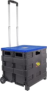 dbest products Quik Cart Collapsible Rolling Crate on Wheels for Teachers Tote Basket, 80 lbs Capacity, Blue Lid