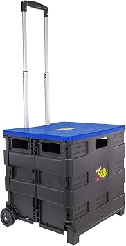 dbest products Quik Cart Collapsible Rolling Crate on Wheels for Teachers Tote Basket, 80 lbs Capacity, Blue Lid Made from Heavy Duty Plastic and Used as a Seat | with Wheels, Roll Up to 80 lbs Capacity, Heavy Duty Plastic Construction, Telescoping Handle, Foldable Utility Cart