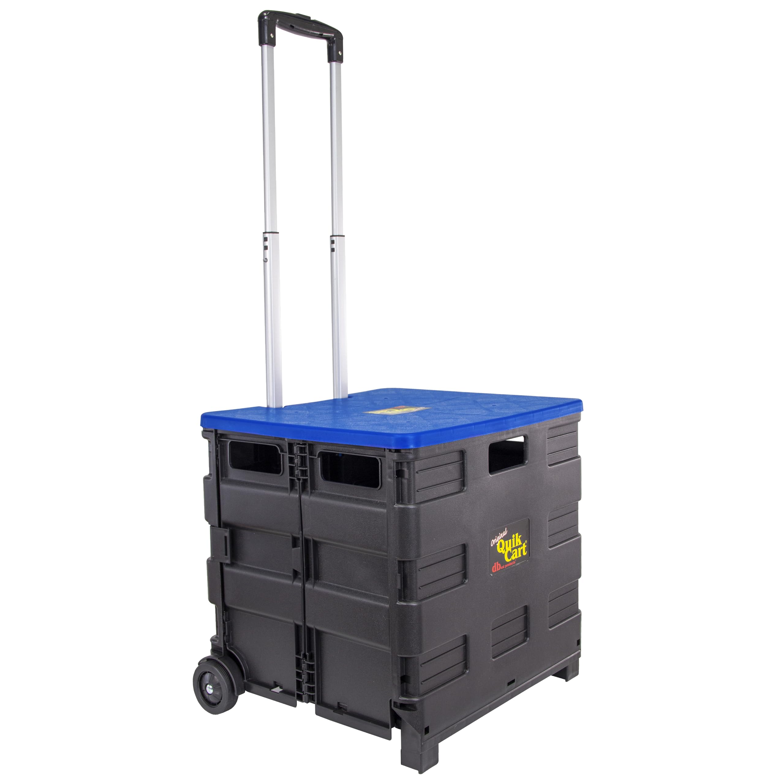 dbest products Quik Cart Collapsible Rolling Crate on Wheels for Teachers Tote Basket, 80 lbs Capacity, Blue Lid Made from Heavy Duty Plastic and used as a Seat