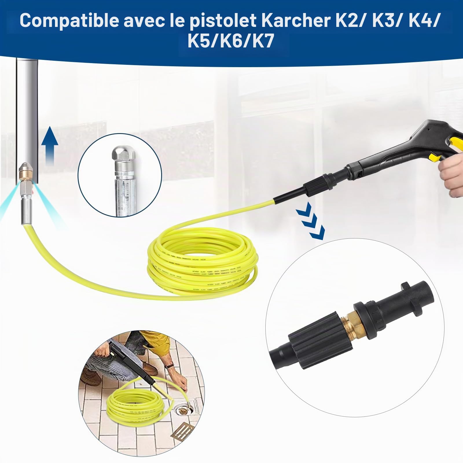 SWAWIS Tuyau Nettoyeur Haute Pression 15M 180bar Furet Deboucheur Canalisation Flexible Tuyau Deboucheur Canalisation Haute Pression avec 2 Buse Adaptateur pour Kärcher K2-K7 Nettoyeur Haute Pression