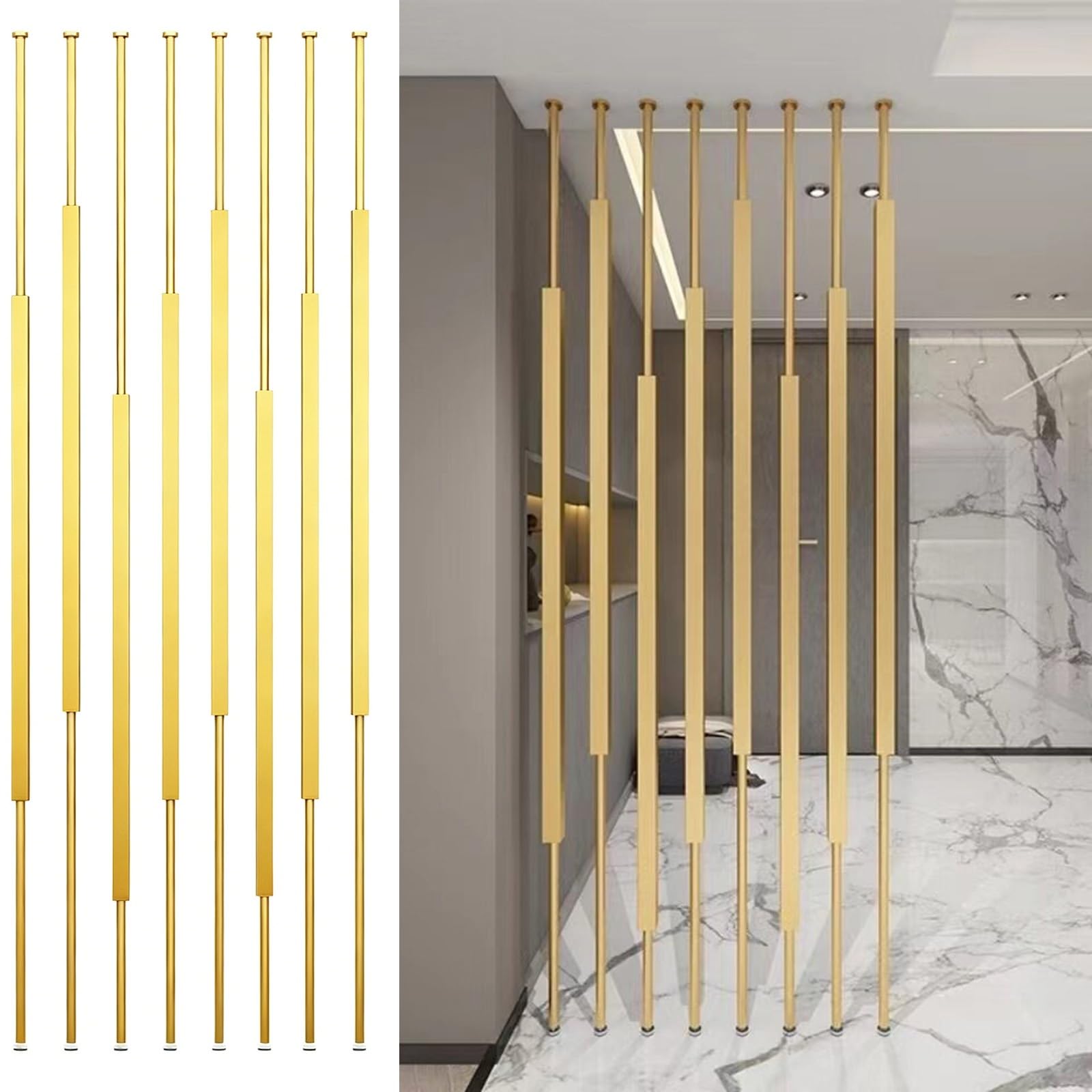 HAIXHX 8pack Vertical Metal Room Divider, Floor Standing Slats Screen Partition Post for Entryway Living Rooms Office, No Drill Deviders Column(Gold,70cm/2.30ft)