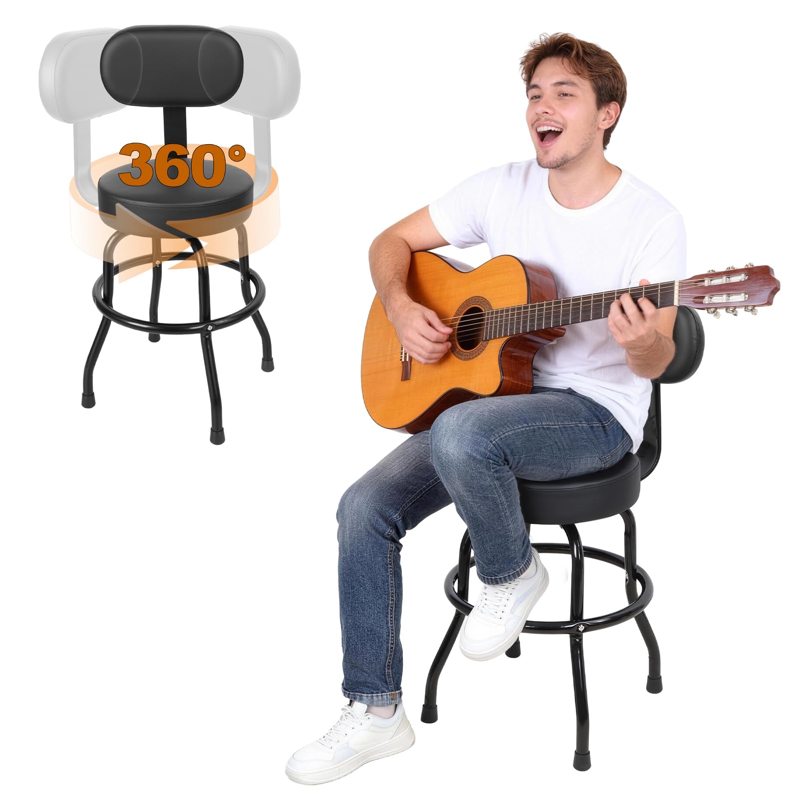 Gitarrenhocker mit Rückenlehne und Fußstütze – 360° drehbarer Barhocker, ergonomischer Gitarrenstuhl – Ideal für Akustikgitarre, E-Gitarre & Bass – Für Zuhause, Tonstudio & Bühne (Schwarz-1)