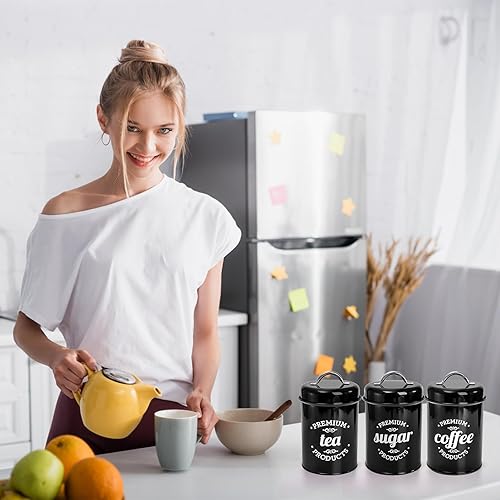 Miniatura 7 de Hedume Paquete de 3 recipientes herméticos para encimera de cocina, café, té, contenedores de metal de azúcar con tapas, decoración rústica para