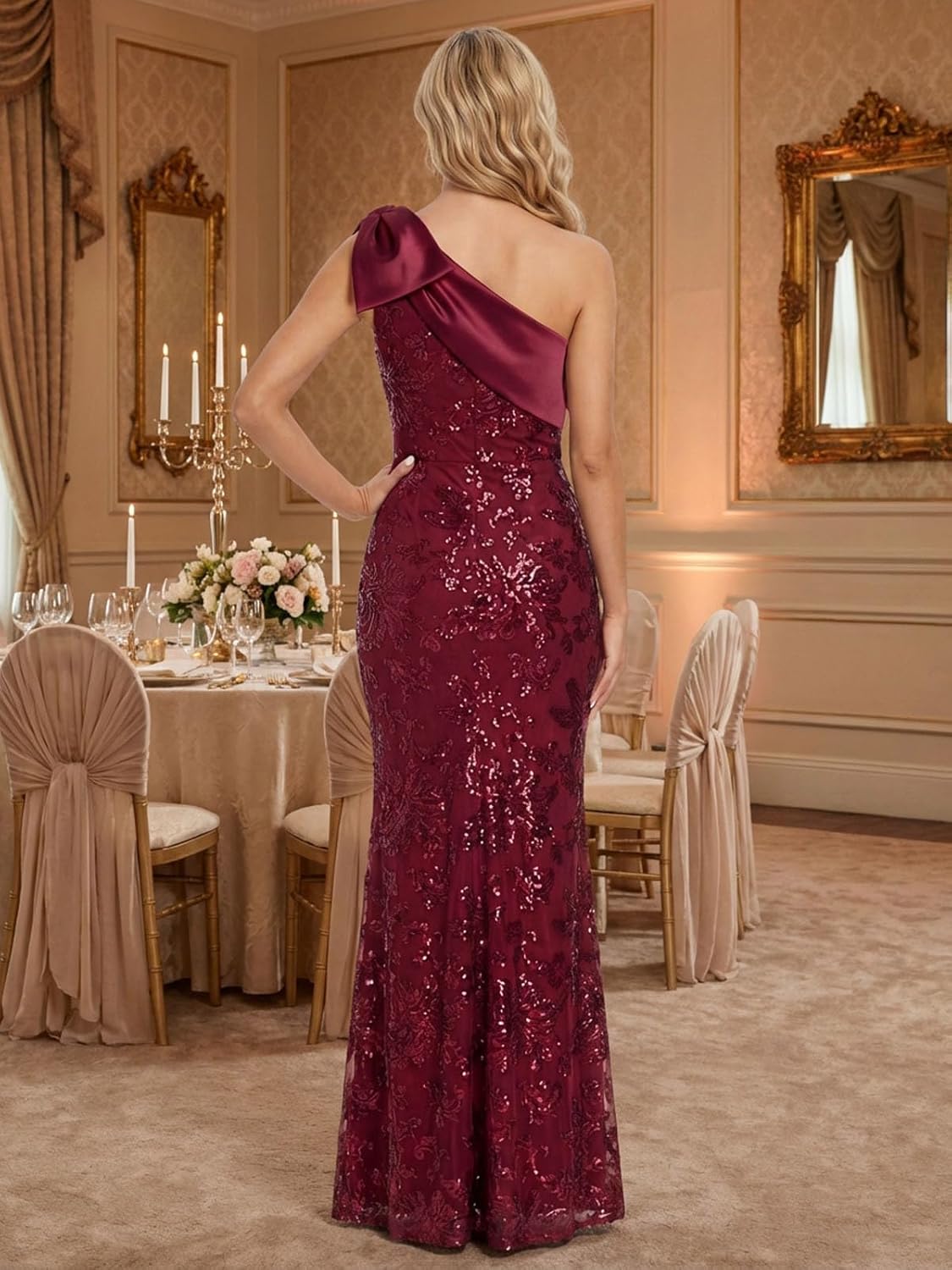 SNOWROSE Sequin Mother of The Bride Dresses for Women One Shoulder Long Formal Wedding Guest Dress with Bow