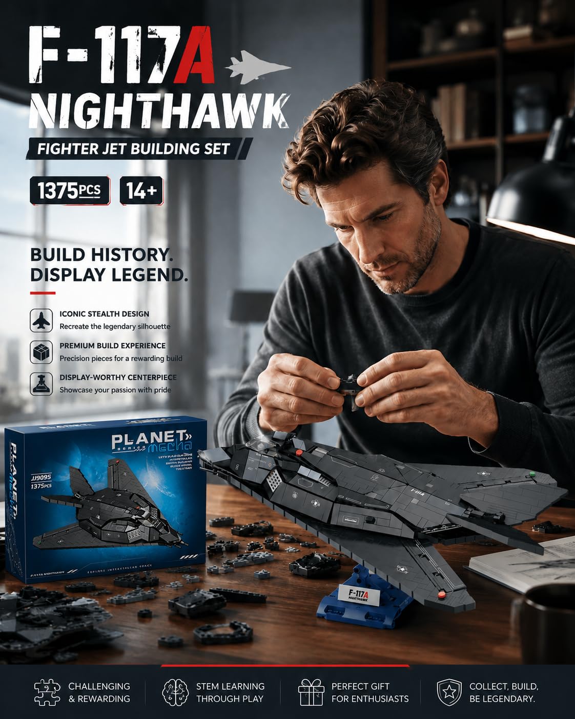 Set de construcción del avión de Combate F-117A, Compatible con Lego, 1375 Piezas, Modelo de avión furtivo de 50 cm con Soporte, Nighthawk Militar