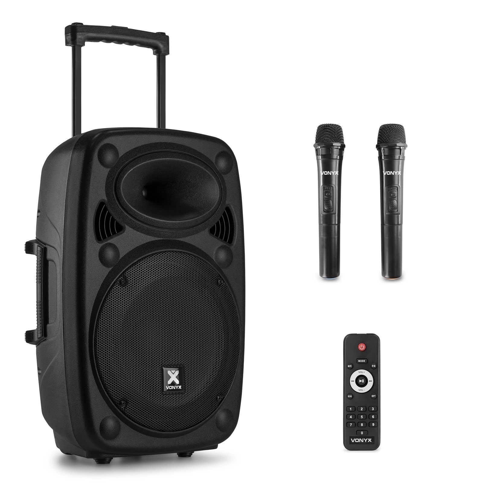 Vonyx Verve38 800W Portable Powered Speaker with Battery, Bluetooth, 12" Subwoofer, USB/SD/MP3 Player, AUX Input, 2 UHF Microphones, Karaoke and Remote Control, Black