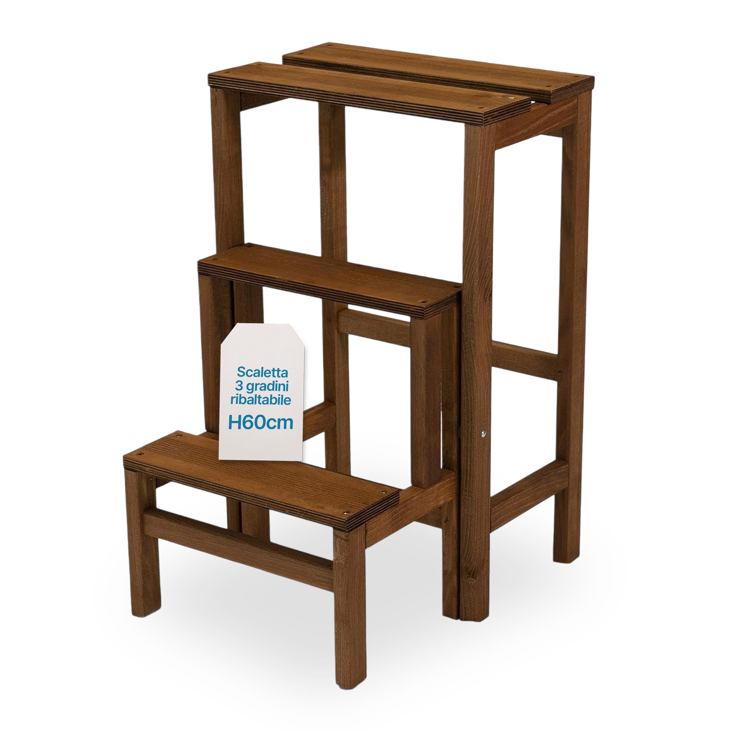 Tomaino - Scaletta 3 Gradini Ribaltabile In Legno GIULIETTA - Scaletta Pieghevole con Sgabello Richiudibile per Casa, Ufficio - Scala 3 Gradini Salvaspazio - Noce