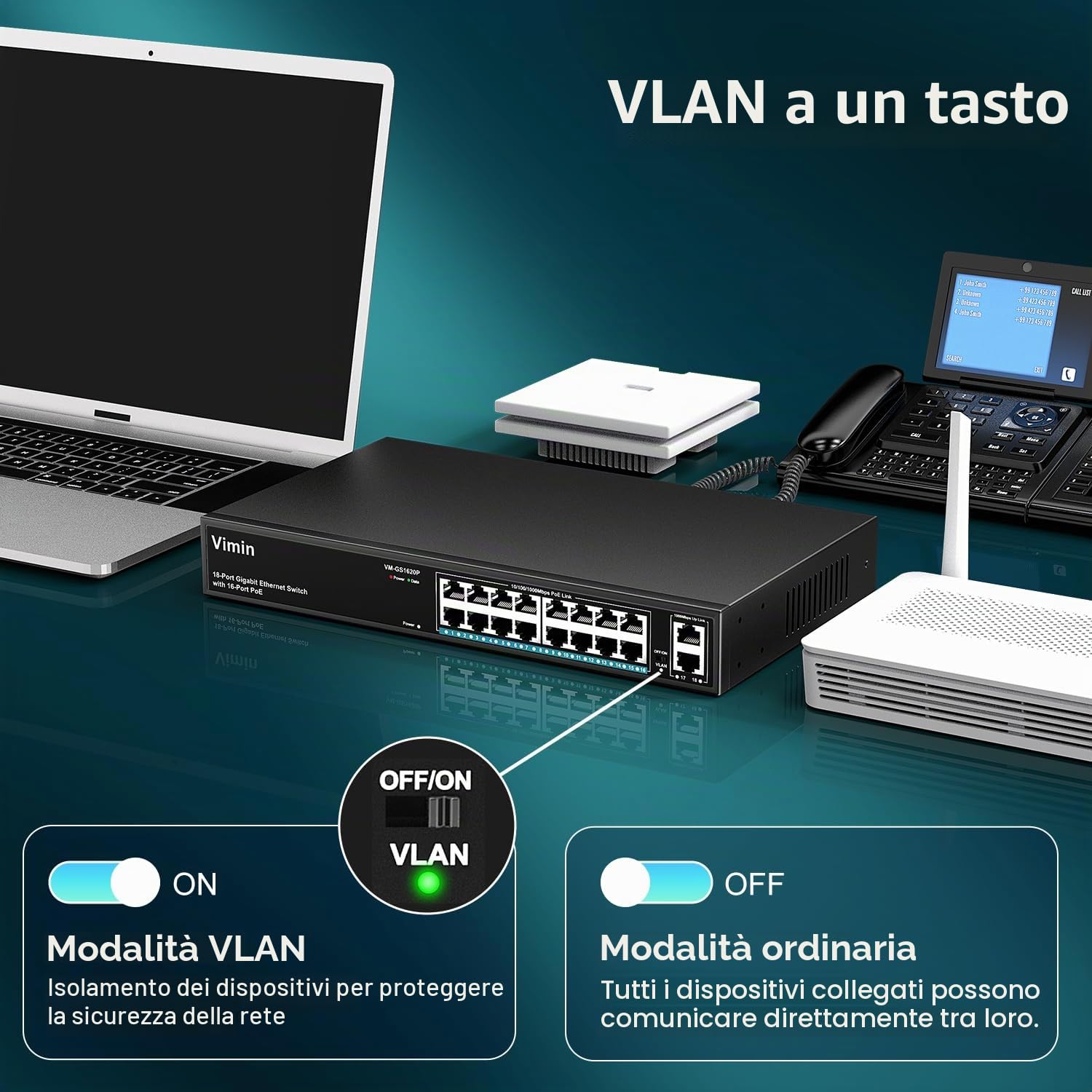 VIMIN Switch Poe Gigabit a 16 Porte con 2 Porta di Collegamento Gigabit, Switch Ethernet Poe Non Gestito a 18 Porte con Alimentazione di 250W, Supporto IEEE802.3af/at, VLAN, Involucro in Metallo