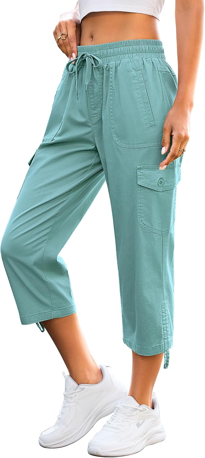 Eddoyee Cargo Capris for Women Drawstring Elastic Waist Hiking Capri Pants with 6 Pockets Blue-Green,L