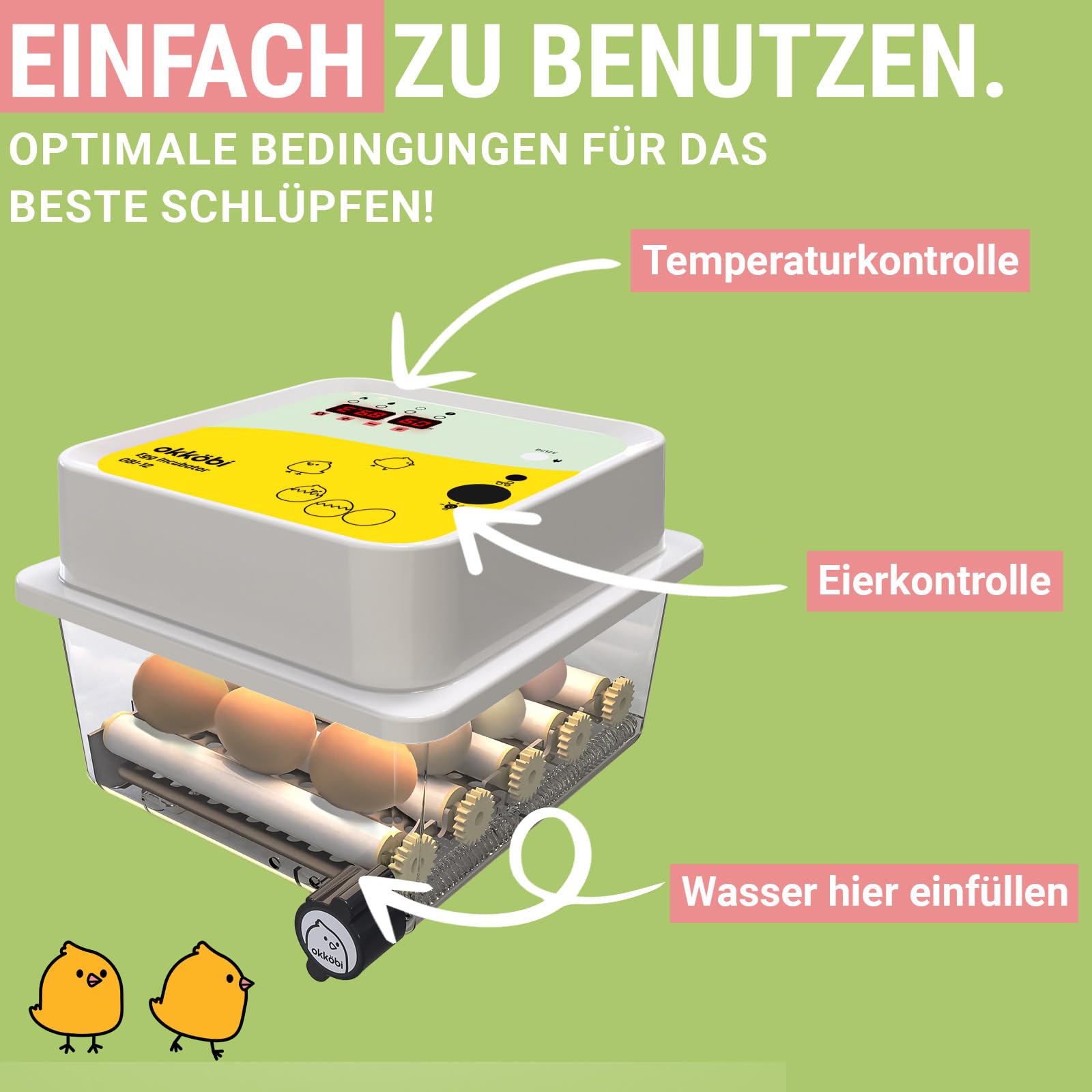 OBI-12 Brutautomat Vollautomatisch – Inkubator für 12 Eier mit Automatischem Eierwender - Brutkasten Hühner für Hühnereier, Wachtel und Enteneier - Gelb