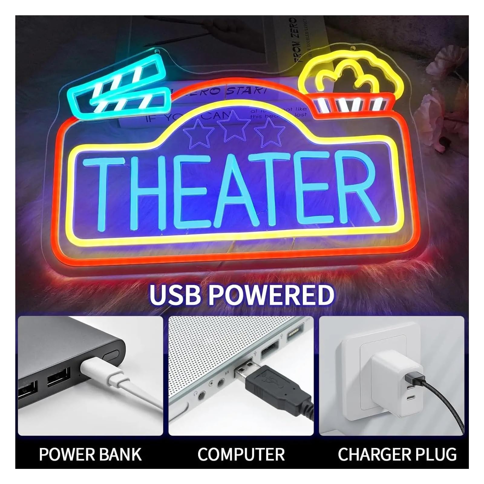 Decoración Lámparas Letrero De Neón Theater Con Luz LED Regulable, Para Sala De Cine, Bar, Fiestas, Rincón De Cine, Decoración, Lámpara De Noche Iluminada, 42cmx26.3cm