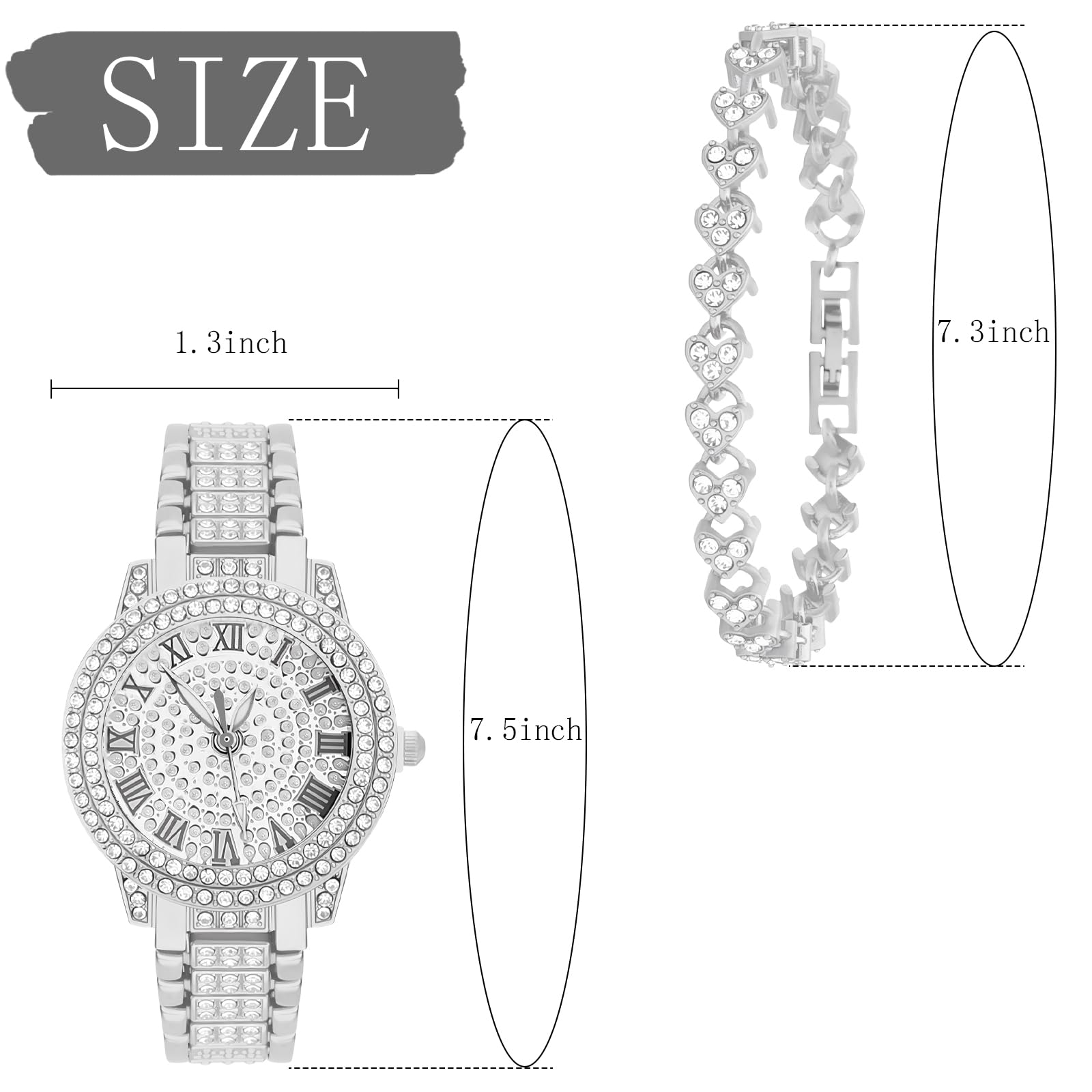 NEWITIN 2 Pieces Women Diamond Watch Bracelet Set Luxury Fashion Jewelry Cubic Zirconia Wristwatch Bracelet Gold Watch Jewelry Set for Women