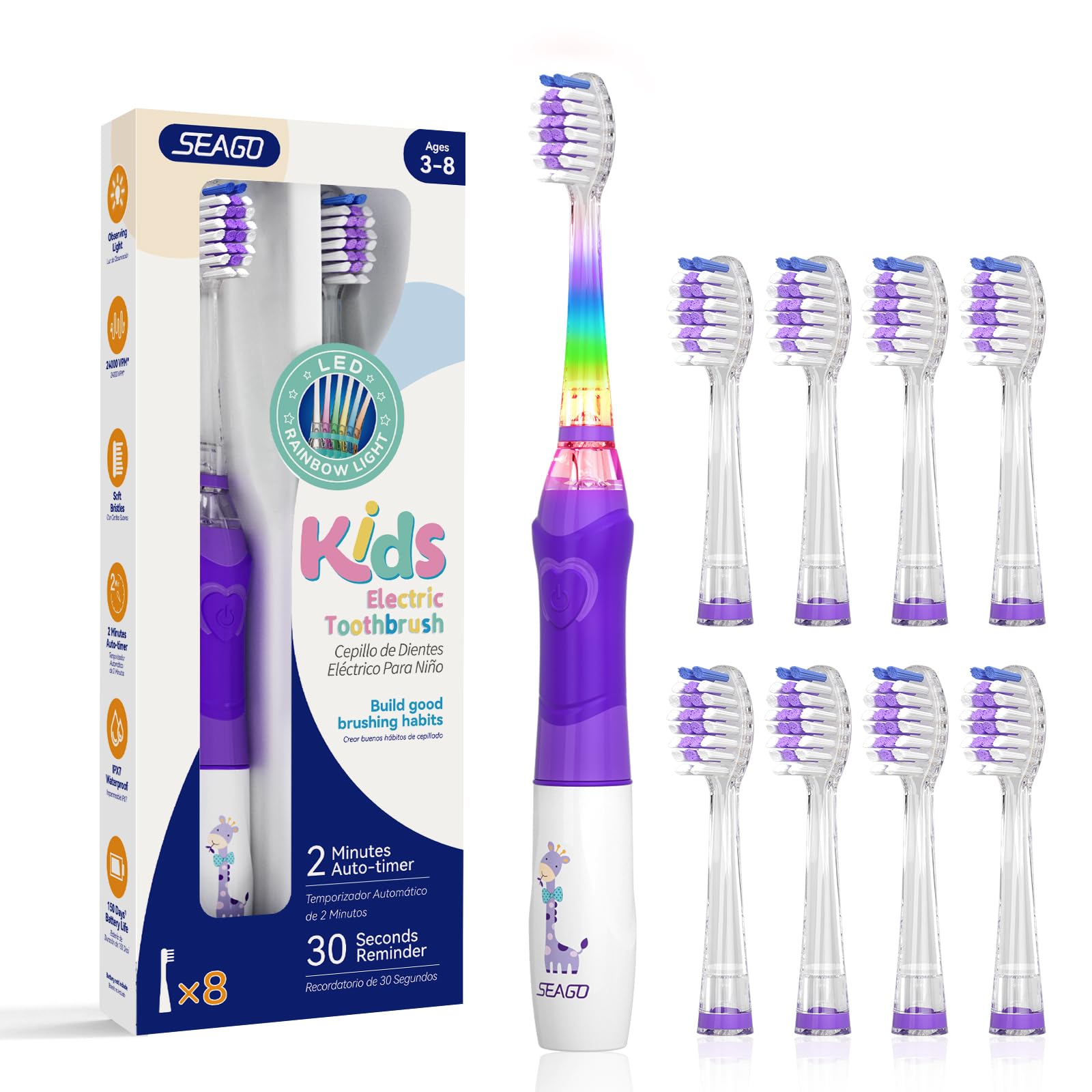 SEAGO Kids Electric Toothbrush with Rainbow LED Light