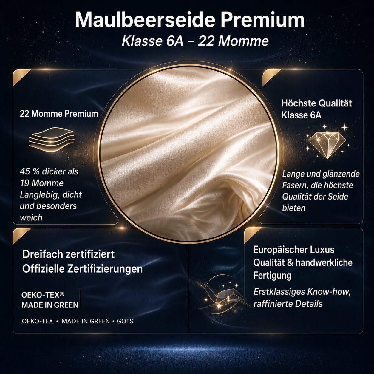 Zenpur Seiden Kissenbezug 50x70 cm Aus 100% Maulbeerseide 22 Momme Grad 6a, Für Schöne Haare Und Gepflegte Haut Gegen Frizz Und Gegen Falten Kissen Bezug GOTS & Oeko-tex Zertifiziert (Schwarz)