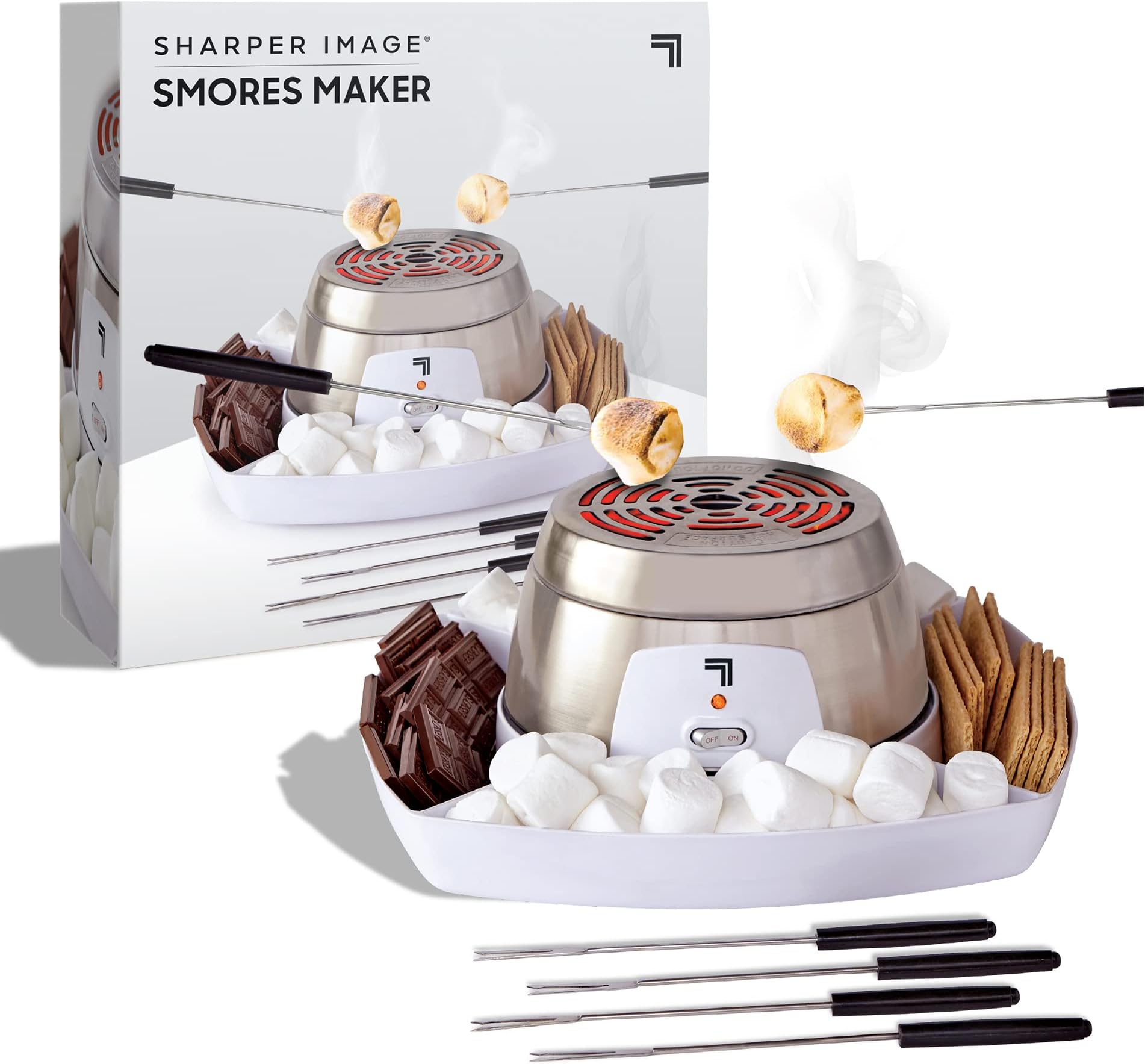 Sharper Image Electric Tabletop S'mores Maker for Indoors, 6-Piece Set, Includes 4 Skewers & 4 Serving Compartments, Easy Cleaning & Storage, Tabletop Marshmallow Roaster, Family Fun For Kids Adults