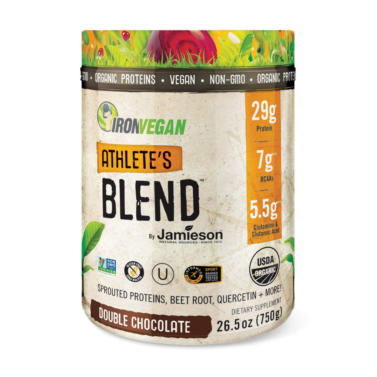 Jamieson Iron Vegan Athlete's Blend Plant Based Protein Powder (22g), Low Carb Keto Friendly, Vegan, Non Dairy, Gluten-Free, Non-GMO - Organic & Plant Based - Double Chocolate (22 Servings)
