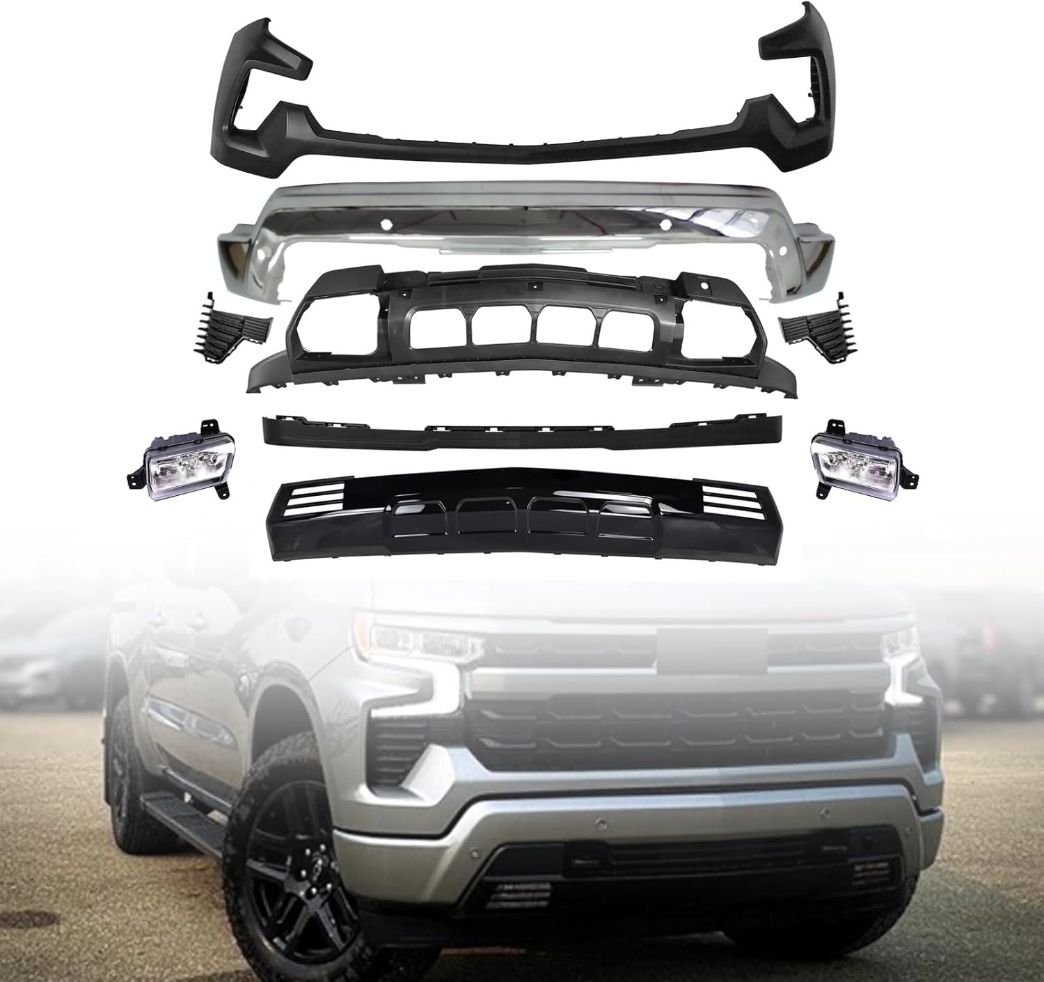 New Front Bumper Cover Kit Chrome W/O Sensor Holes Compatible with Chevy 2022 2023 2024 2025 Silverado 1500 (2022-25 W/O Sensor Holes Chrome&Black)