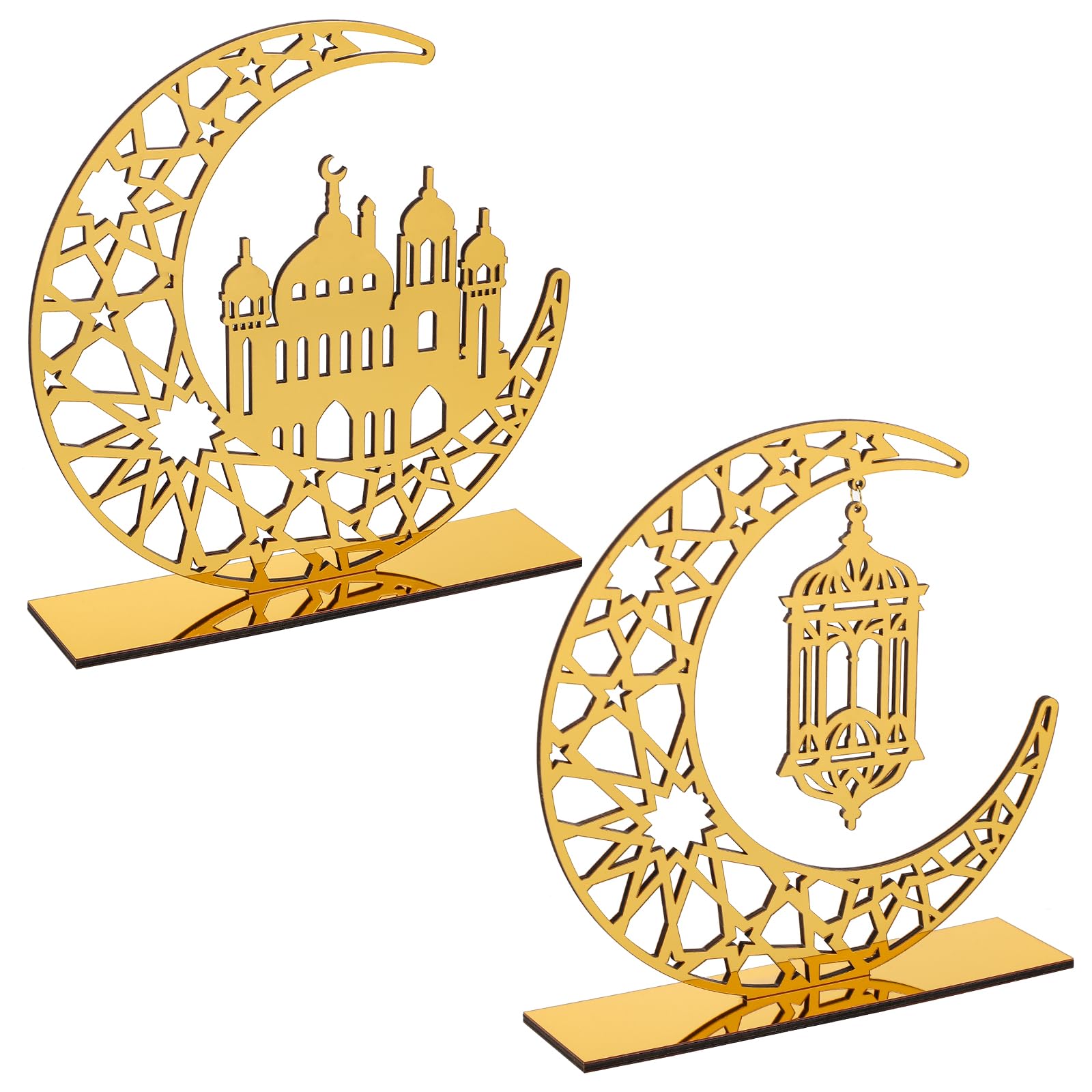 Photo 1 of 2 Pieces Acrylic Ramadan Decorations Islamic Eid Mubarak Kareem Table Sign Moon Hollow Star Ornament for Muslim Party Tabletop Decor Home Art Craft Decoration Golden Moon