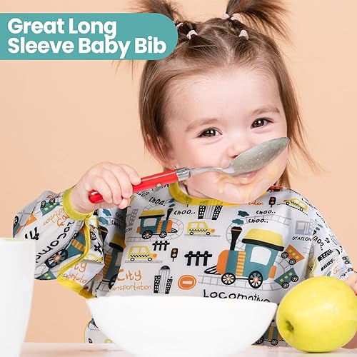 Miniatura 6 de Yahenda Paquete de 10 baberos de manga larga para bebé, impermeables, para comer, babero suave para bebés de 6 a 24 meses