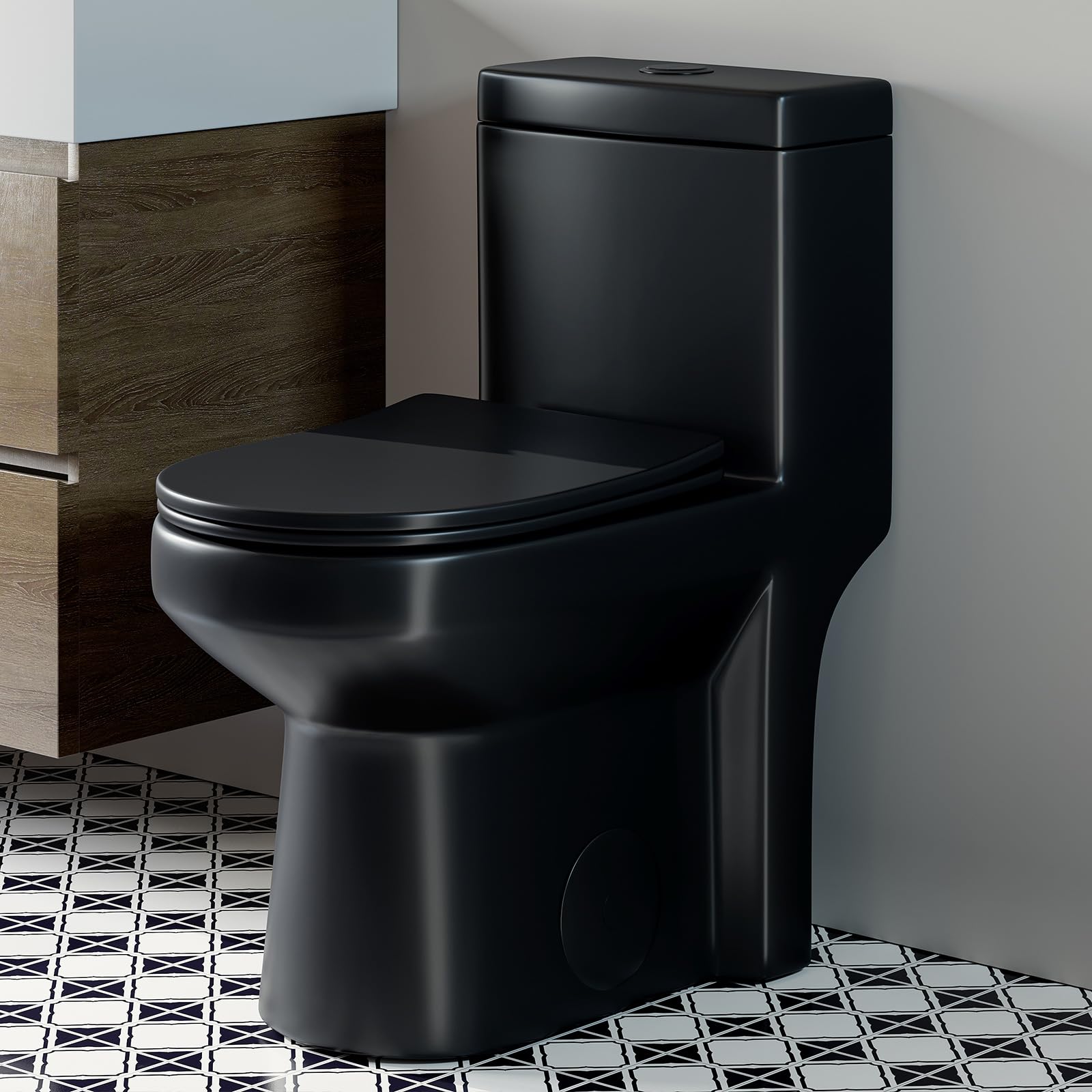 HOROW HWMT-8733BU Small Compact One Piece Toilet Matte Black, 25" Length Toilet with Soft Closing & UF Seat, 1.1/1.6 GPF Powerful Dual Flush Toilets for Bathroom, 12'' Rough-In Toilet Bowl Black