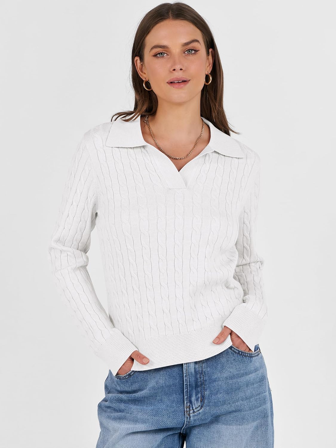 ANRABESS Womens Cable Knit Sweaters Long Sleeve V Neck | Pullover Collared Sweater Tops, Polo Knit Shirts, Business Casual Work, Tennis Golf, Fall Winter Fashion Outfits