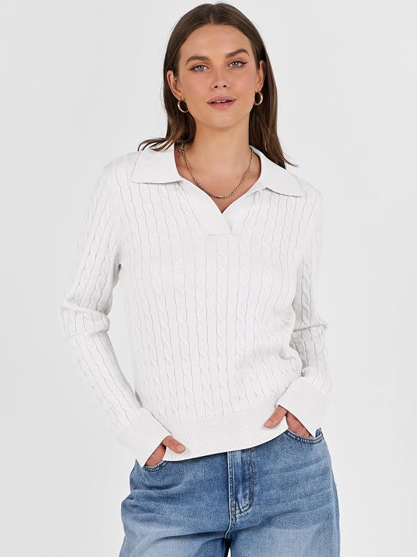 ANRABESS Womens Cable Knit Sweaters Long Sleeve V Neck Sweater Tops Casual Pullover Polo Shirts Fall Fashion Outfits White S by ANRABESS - Image 4