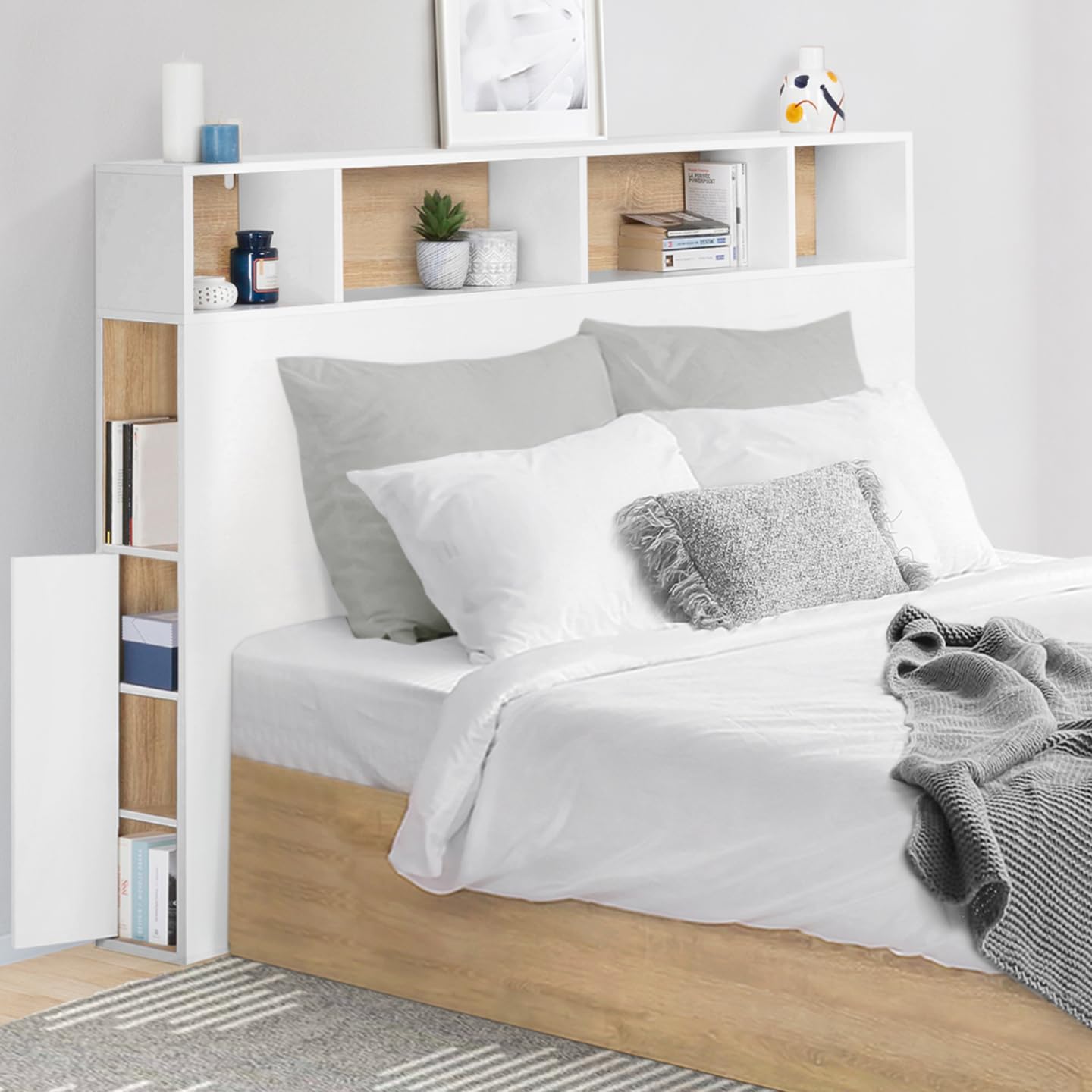 IDMarket - Tête de lit sur Pied Cleo 165 cm avec rangements fermés et niches Blanc et façon hêtre