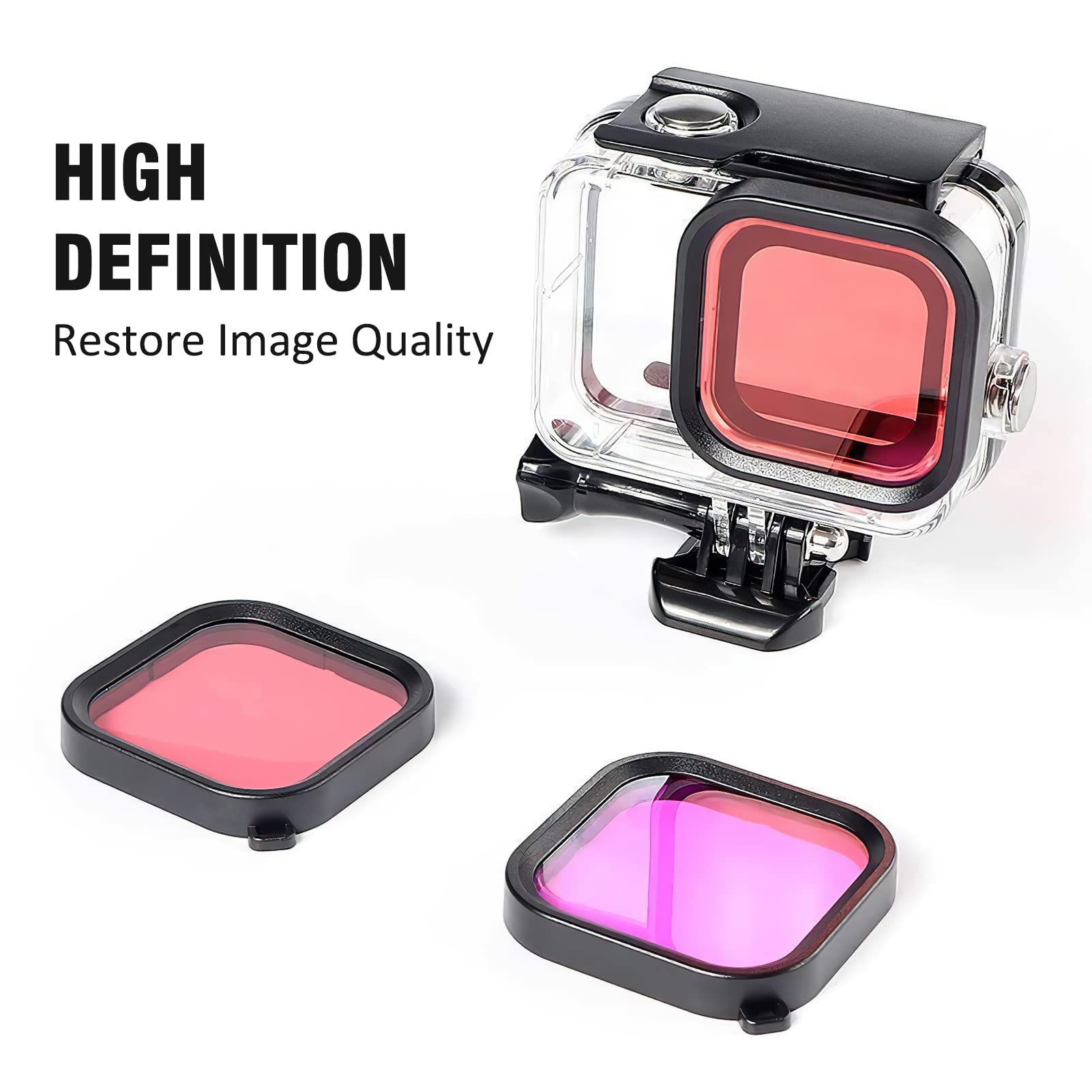 Filtre de plongée 3 en 1 pour GoPro Hero 5 6 7 Boîtier de plongée noir Super Suit - Rouge, rouge clair et magenta Boîtier de filtre Coque de protection avec inserts anti-buée pour photographie de plon