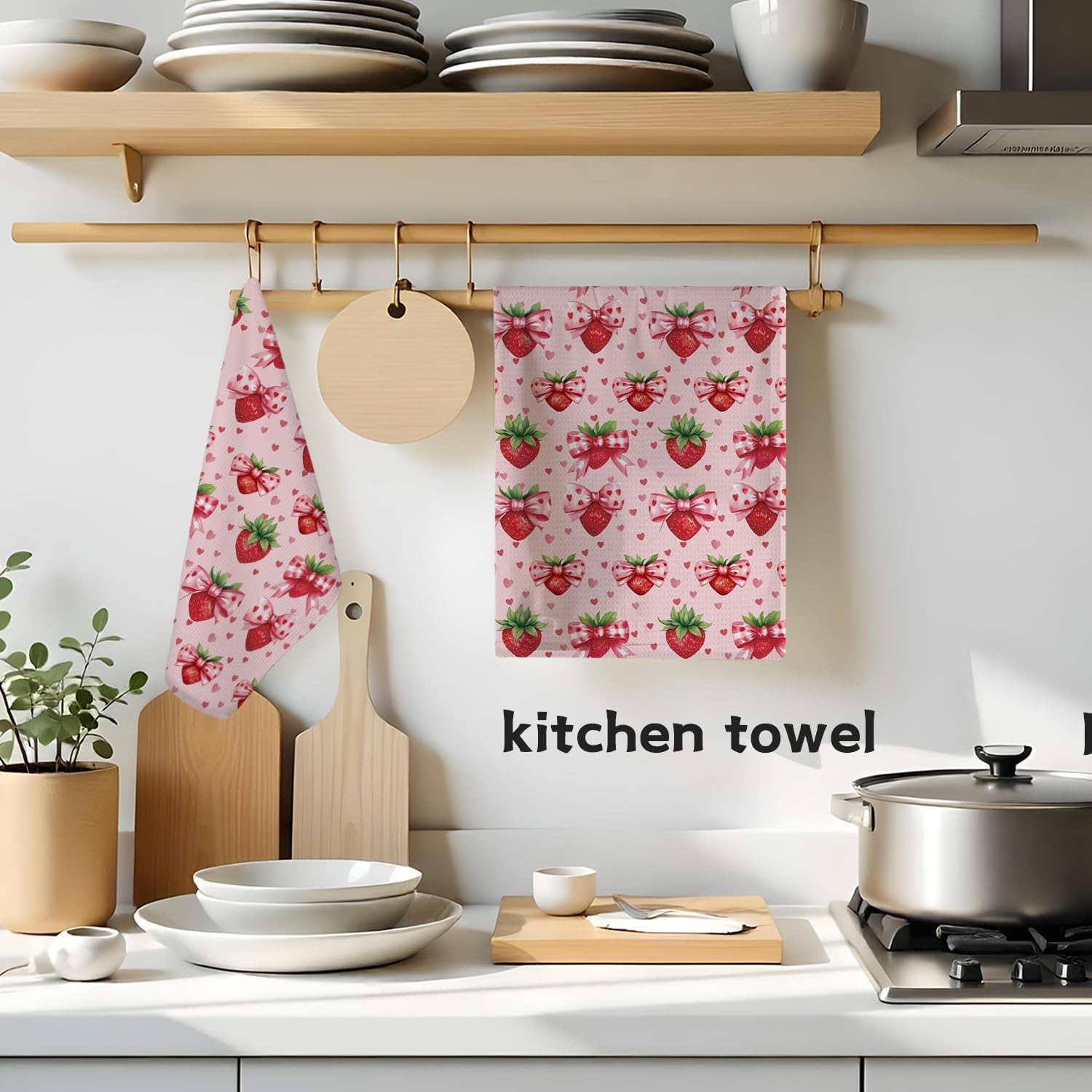 Cute Coquette Strawberry Kitchen Towels, Girly Preppy Pink Strawberry Hand Towels for Bathroom Kitchen Decor, Summer Fruit Aesthetic Dish Tea Towels, 16x24 Inch - Image 3