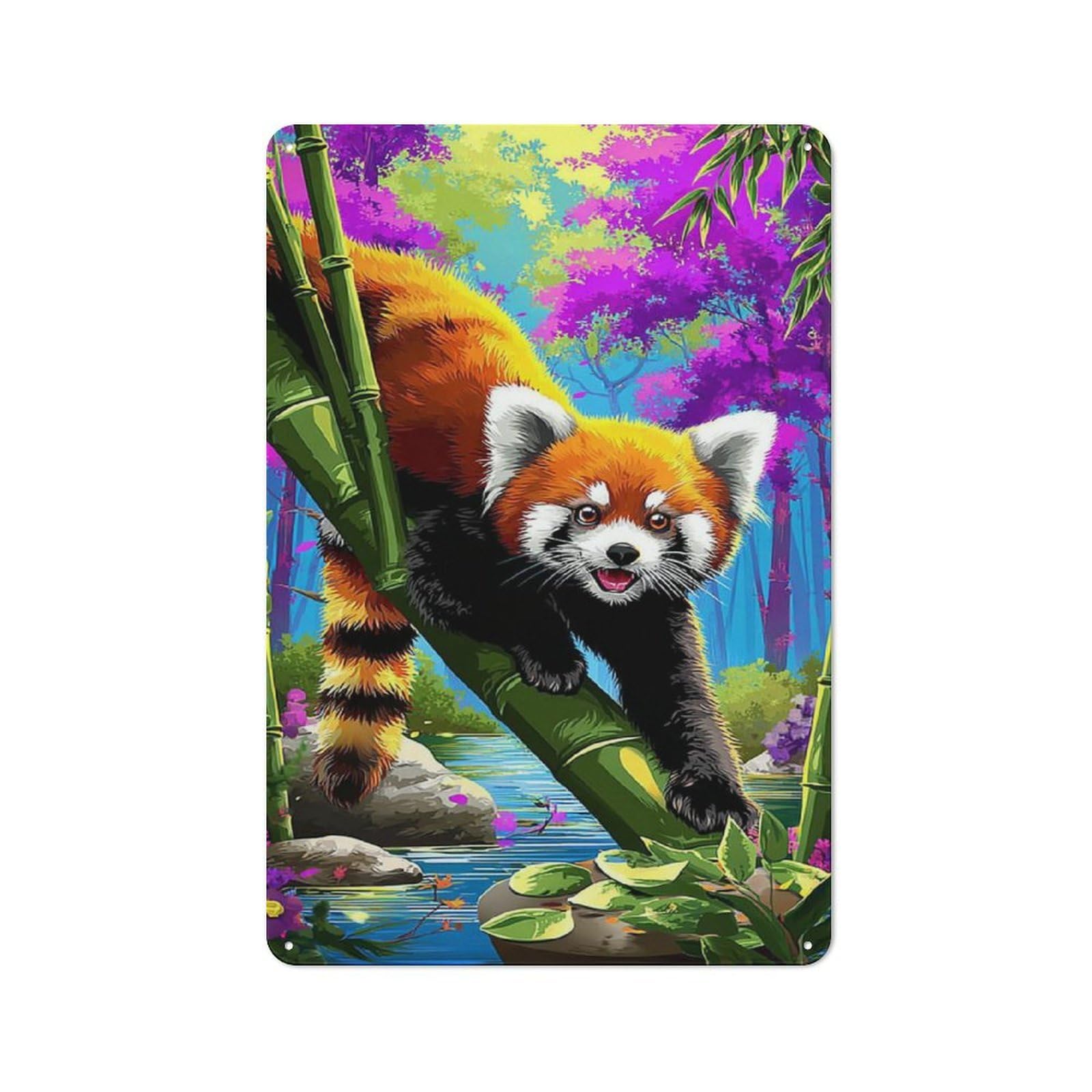 Junmoney Red Panda In Bamboo Forest -1 Retro Metal Plaque 30X20cm Featuring Bistro Wall Plaque For Bakery, Diner, Cafe Or Family Room