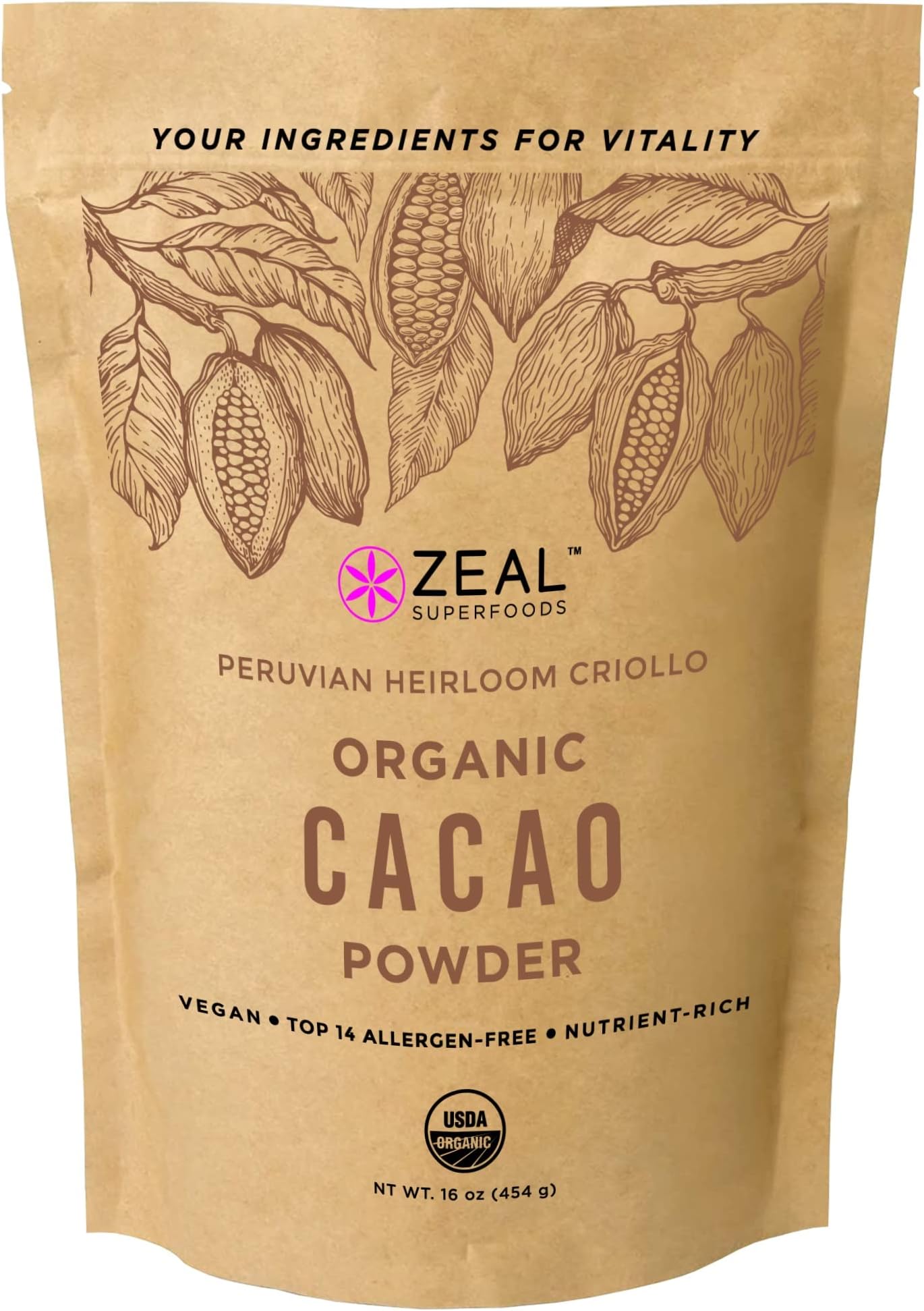 Zeal Superfoods Organic Cacao Powder - Raw, Heirloom Criollo, Top 8 Allergen-Free, Cold-Pressed, Unsweetened, Non-Alkalized, Vegan, Gluten-Free, Keto, Paleo, Kosher, Nutrient-Rich Superfood - Cocoa Powder Substitute - 16 oz (1 lb)