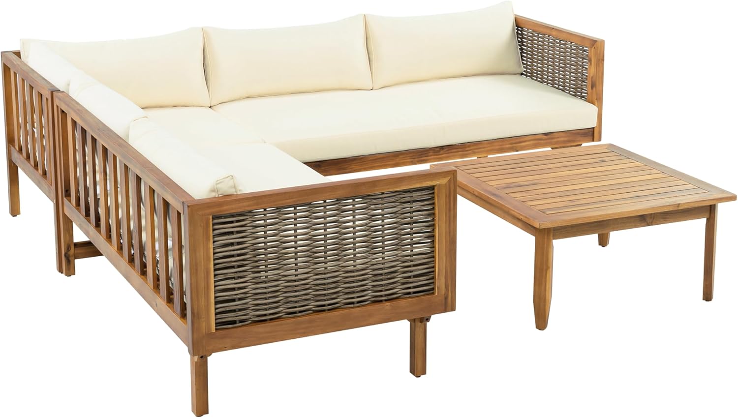 7pcs Outdoor Sectional Seating Group with Beige Cushions, Premium Pe Sofa Set for Patio, All Weather Modular Conversation Set, Brown Mix