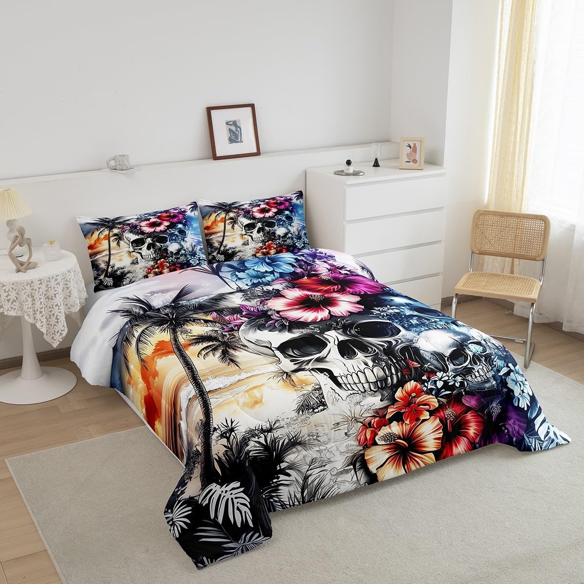 Flower Skull Bedding Sets Queen Size,Tropical Hawaii Comforter Set for Kids Boys Teen Adult Room Decor,Colorful Floral Palm Leaf Down Comforter Seaside Beach Reversible Quilt Set,2 Pillowcases