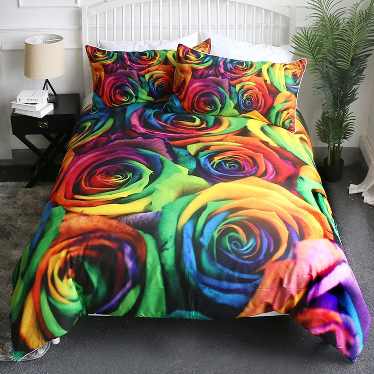 Sleepwish 3Pcs Duvet Cover Set 3D Rainbow Rose Flowers Bedding Sets for Girls Women Home Textiles Twin Size Colorful Comforter Cover and 2 Pillowcases
