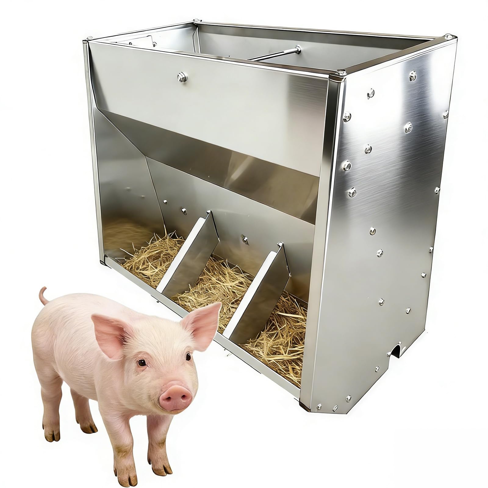 Mangiatoia per Maiali, Metallo di Grande capacità Mangiatoia, Mangiatoia Antiumidità per Suinetti con Alimentatore Automatico, Mangiatoia per Bestiame da Esterno, per Stalle,Argento,60cm