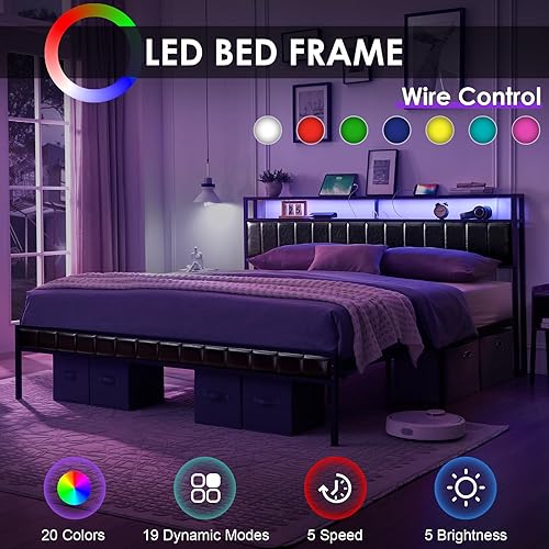 Miniatura 5 de AMERLIFE Base de cama de plataforma tamaño King, marco de cama LED con piel sintética y estación de carga, cabecera de almacenamiento de 2 niveles,