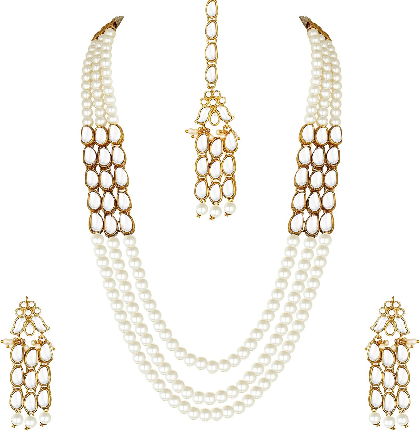 Aheli Faux Kundan Pearl Long Necklace with Earring Maang Tikka Indian Traditional Bollywood Jewelry Set Gift for Women